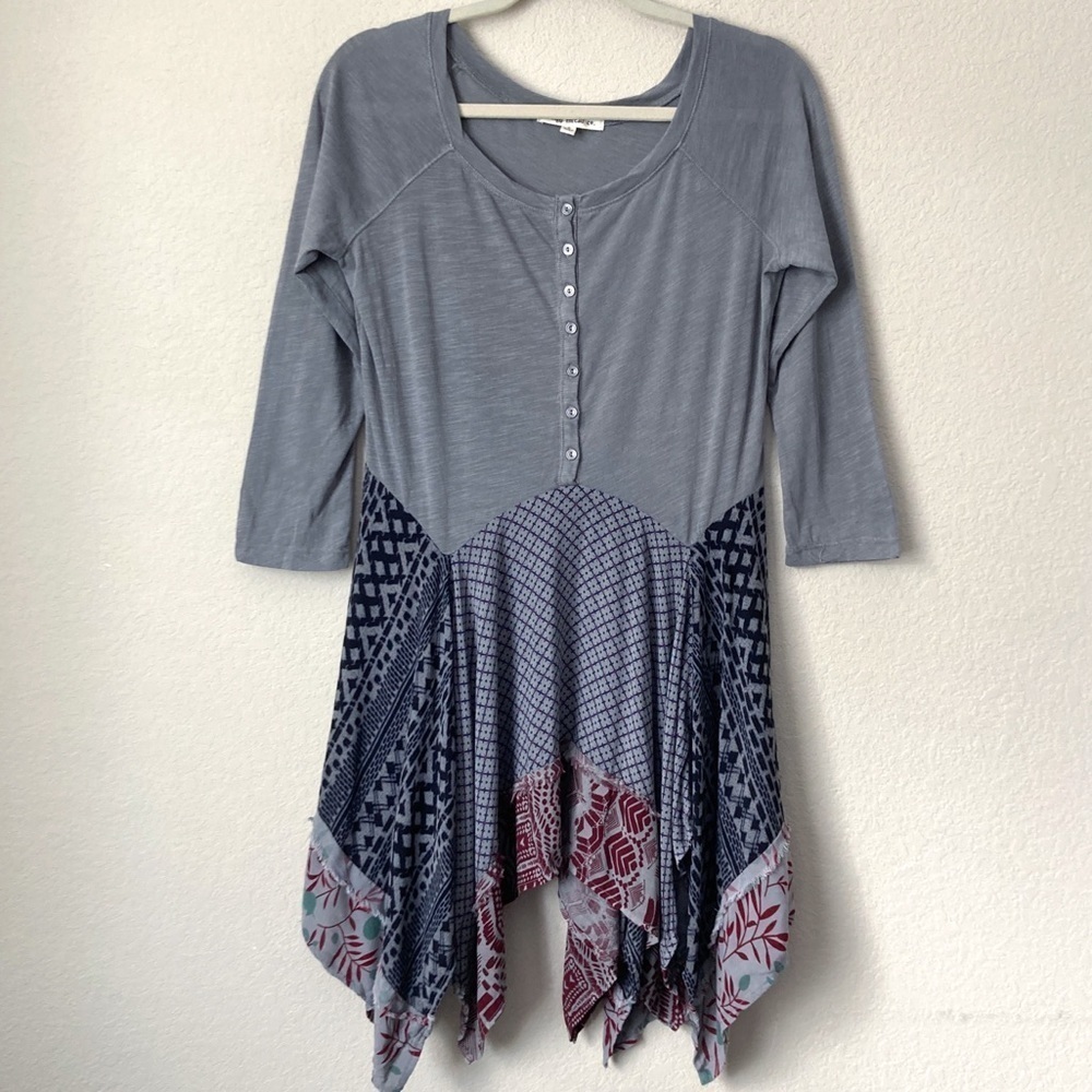 Indigo Thread Co. Boho Patchwork Mixed Print Handkerchief Hem Tunic Top